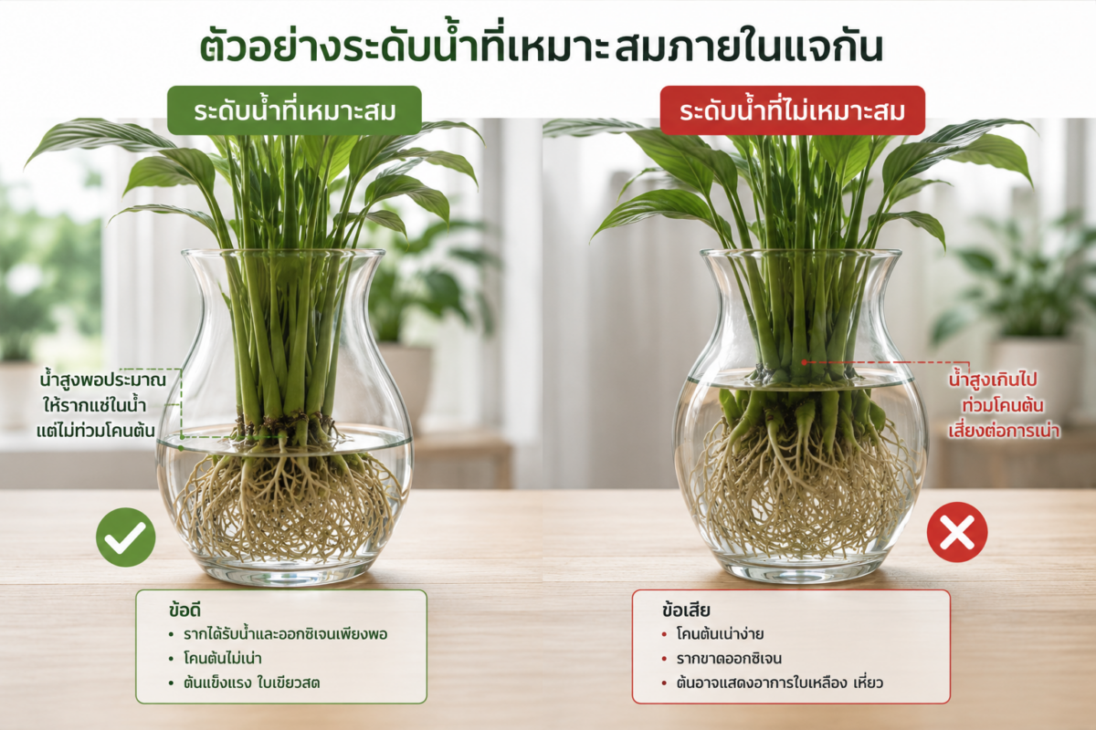 เปรียบเทียบระดับน้ำที่เหมาะสมและไม่เหมาะสมสำหรับเดหลีปลูกน้ำ โดยระดับน้ำควรสัมผัสเฉพาะรากและไม่ท่วมโคนต้น เพื่อช่วยลดความเสี่ยงต่อการเกิดรากเน่า