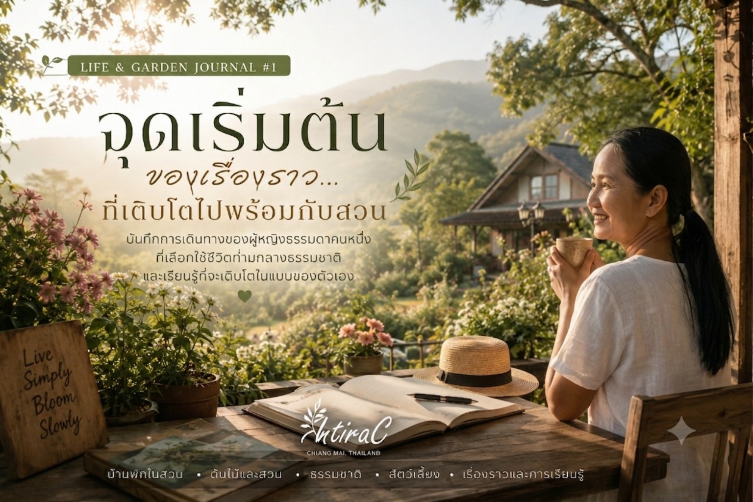 อินทิรานั่งจิบกาแฟท่ามกลางสวนและธรรมชาติในเชียงใหม่ ภาพปกบทความ Life & Garden Journal #1 จุดเริ่มต้นของเรื่องราวที่เติบโตไปพร้อมกับสวน