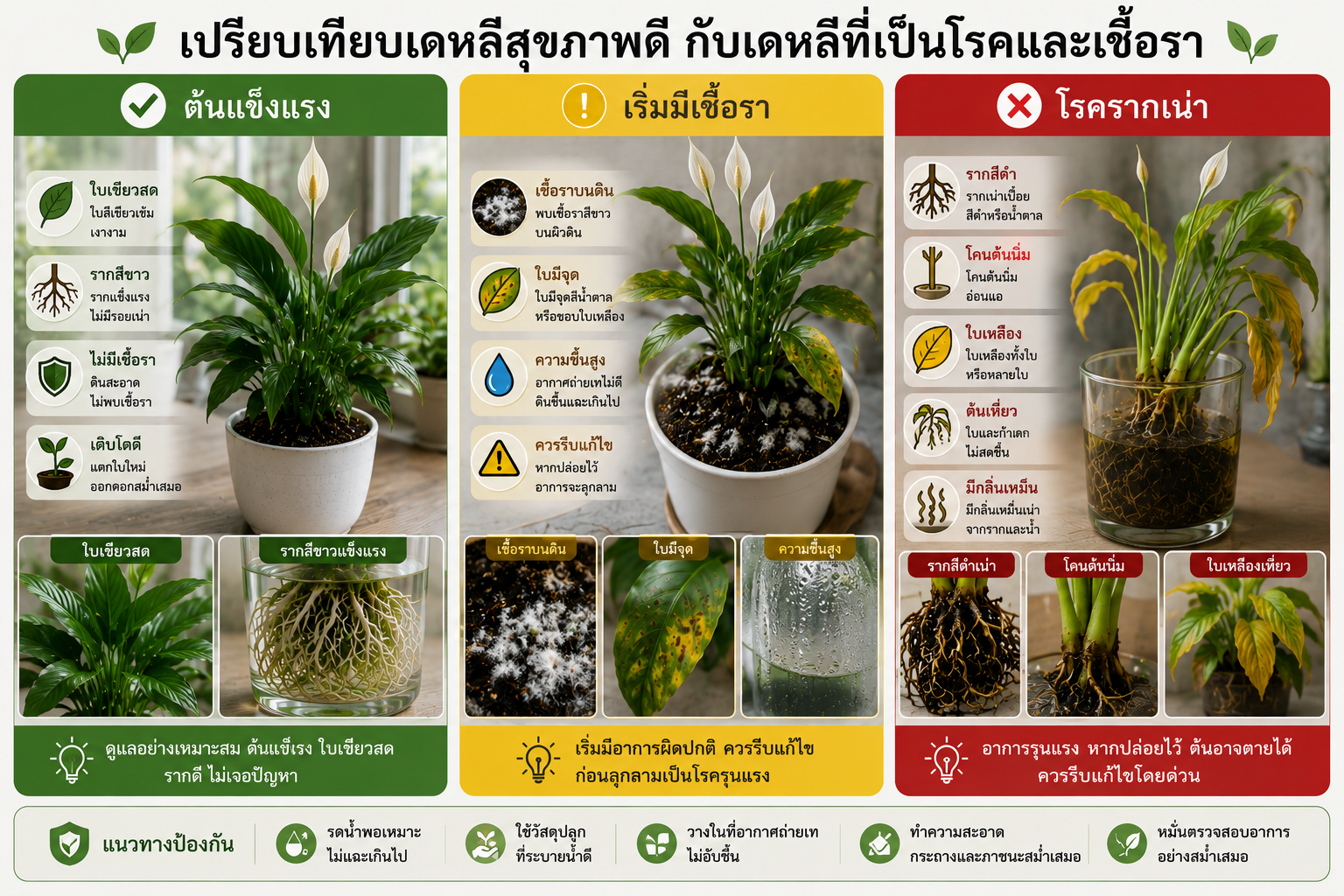 ภาพเปรียบเทียบต้นเดหลีสุขภาพดี เดหลีที่เริ่มมีเชื้อรา และเดหลีที่เป็นโรครากเน่า แสดงลักษณะของใบ ราก และอาการที่พบได้บ่อย