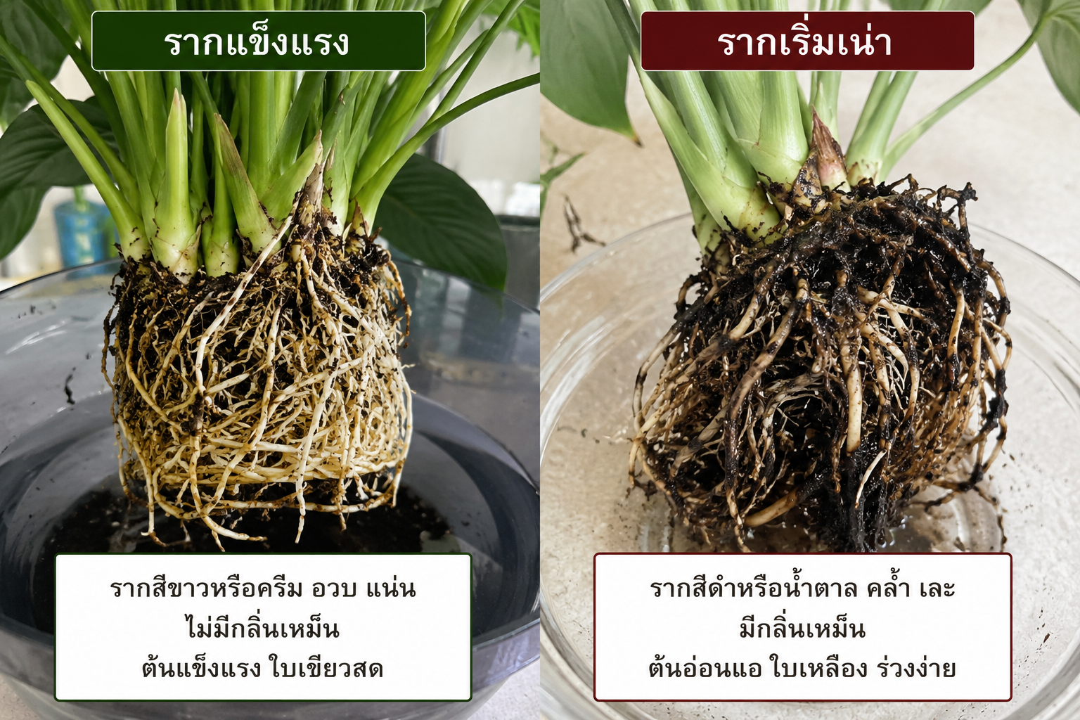 ภาพเปรียบเทียบรากเดหลีที่แข็งแรงกับรากเดหลีที่เริ่มเน่า แสดงลักษณะรากสีขาวและรากสีน้ำตาลดำ