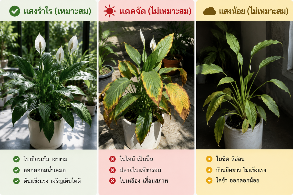ภาพเปรียบเทียบต้นเดหลีที่ได้รับแสงรำไร แดดจัด และแสงน้อย แสดงผลกระทบของสภาพแสงต่อสีใบ การออกดอก และการเจริญเติบโตของต้นเดหลี