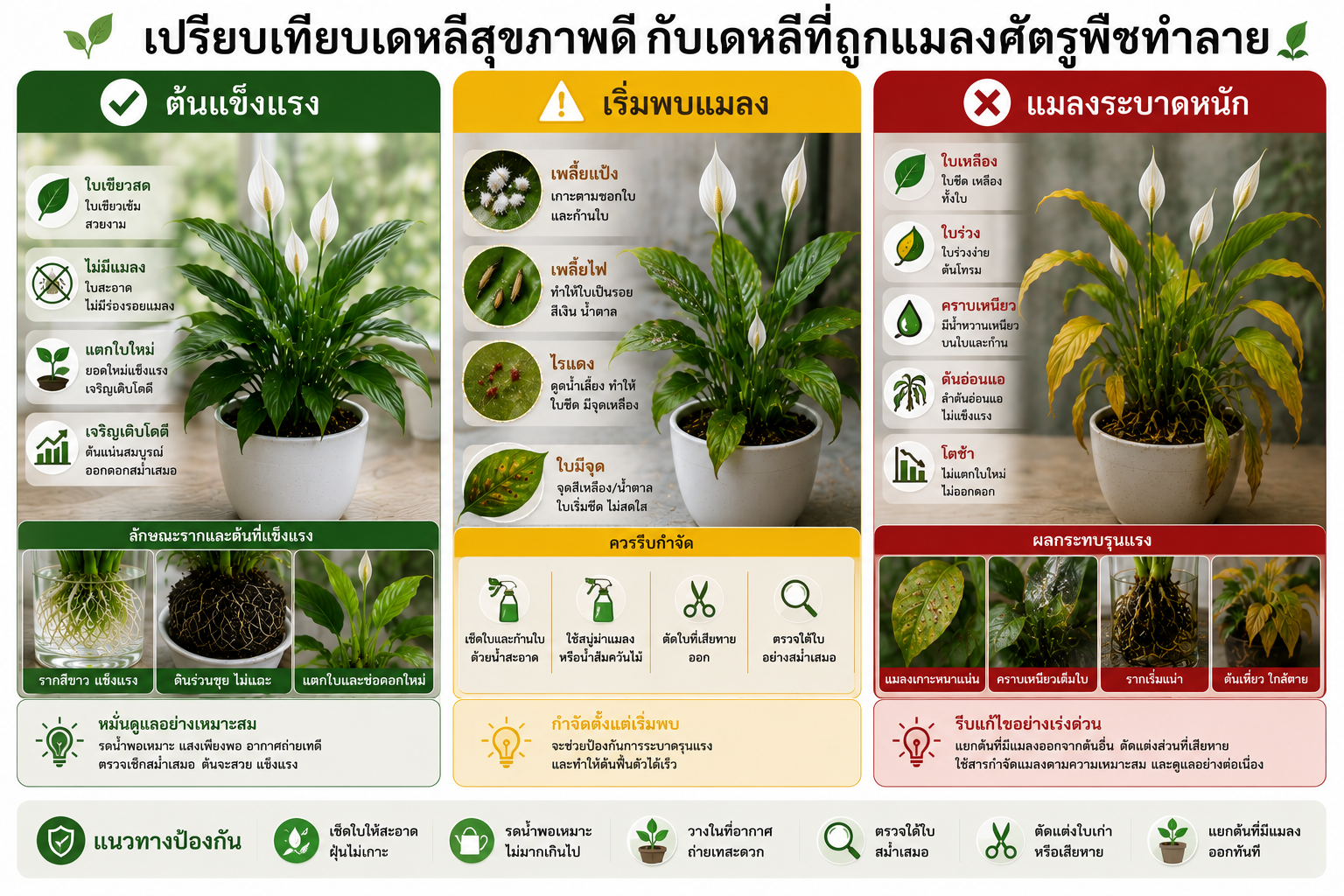 ภาพเปรียบเทียบต้นเดหลีที่แข็งแรง เดหลีที่เริ่มมีเพลี้ยแป้ง เพลี้ยไฟ หรือไรแดง และเดหลีที่ถูกแมลงศัตรูพืชทำลายจนใบเหลืองและต้นอ่อนแ