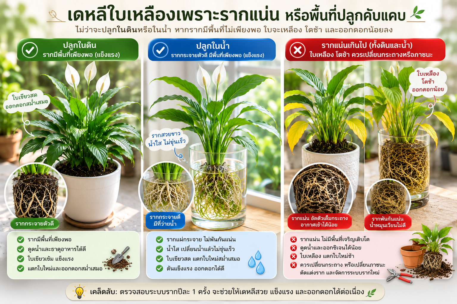 ภาพเปรียบเทียบระบบรากเดหลีที่ปลูกในดินและปลูกในน้ำ โดยแสดงรากที่มีพื้นที่เพียงพอเทียบกับรากแน่นเกินไป ซึ่งเป็นสาเหตุของอาการใบเหลือง โตช้า และออกดอกน้อย