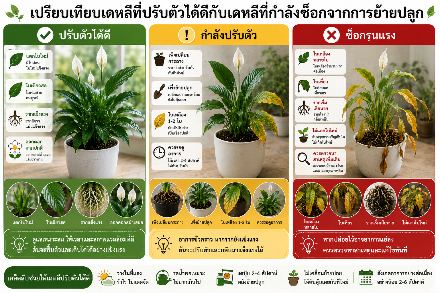 ภาพเปรียบเทียบต้นเดหลีที่ฟื้นตัวได้ดีหลังการย้ายปลูก เดหลีที่กำลังปรับตัว และเดหลีที่เกิดอาการช็อกจากการเปลี่ยนกระถางหรือสภาพแวดล้อมจนใบเหลืองและเหี่ยว