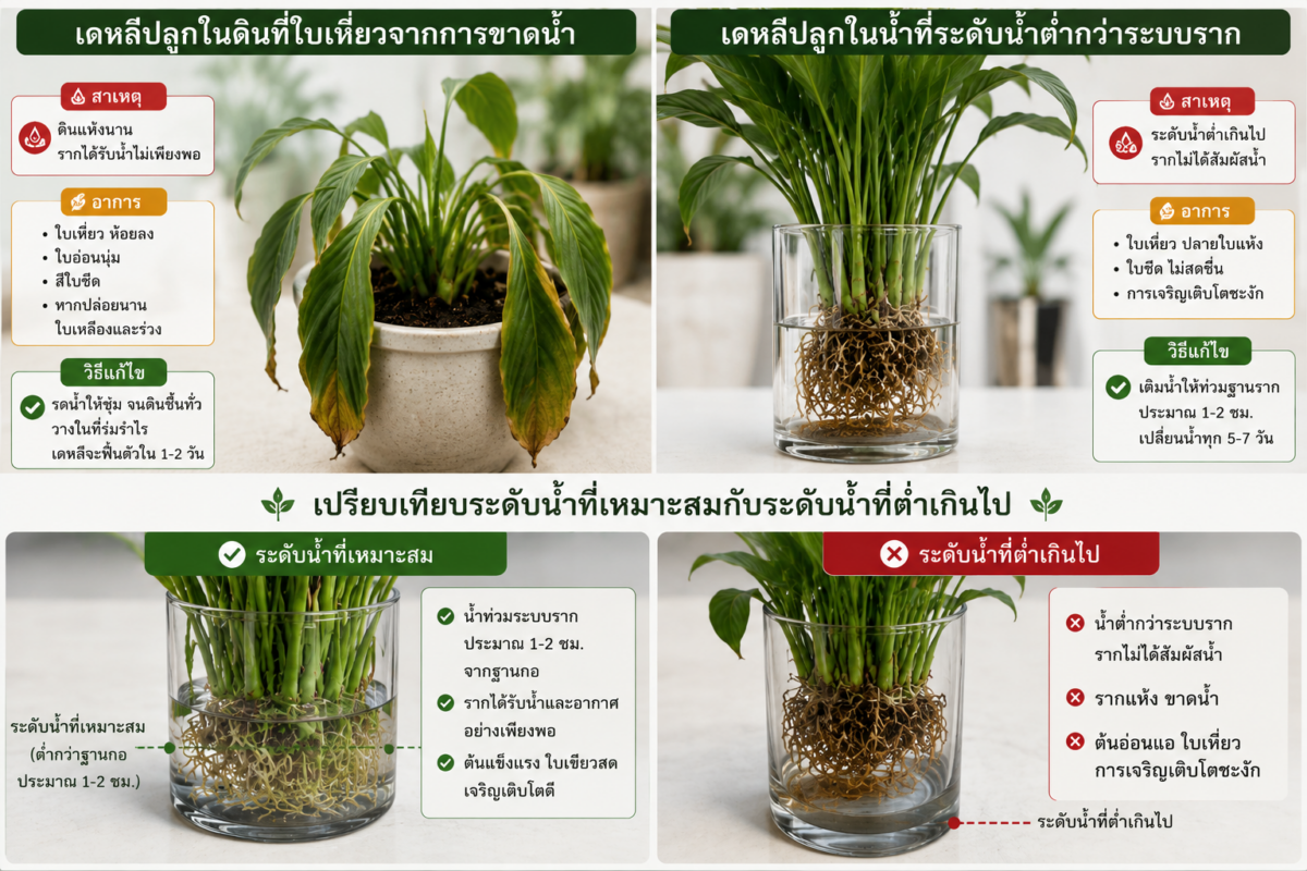 ภาพเปรียบเทียบเดหลีปลูกในดินที่ใบเหี่ยวจากการขาดน้ำ เดหลีปลูกในน้ำที่ระดับน้ำต่ำกว่าระบบราก และตัวอย่างระดับน้ำที่เหมาะสมสำหรับการปลูกเดหลีในน้ำ