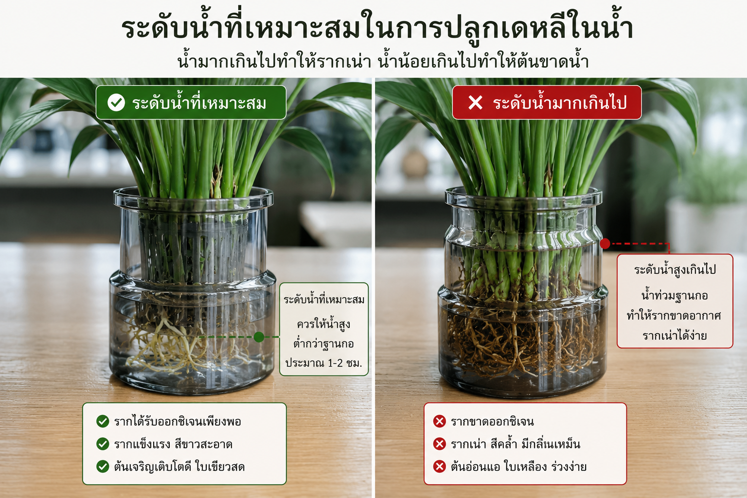 ภาพเปรียบเทียบระดับน้ำที่เหมาะสมและระดับน้ำที่สูงเกินไปในการปลูกต้นเดหลีในน้ำ
