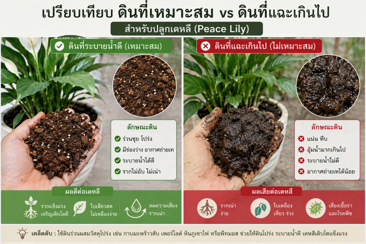 ภาพเปรียบเทียบดินปลูกเดหลีที่ระบายน้ำดีและดินที่แฉะเกินไป แสดงลักษณะของดินที่เหมาะสมและไม่เหมาะสมสำหรับการปลูกเดหลี