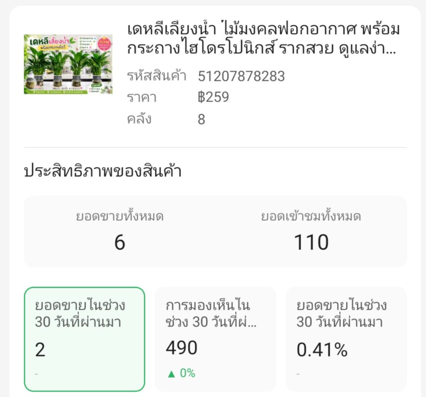 ภาพหน้าจอสถิติการขายต้นเดหลีเลี้ยงน้ำบน Shopee แสดงยอดขายสะสม 6 ต้น และยอดเข้าชมสินค้า 110 ครั้ง